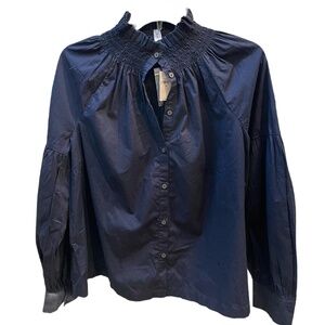 ❤️ GAP NAVY SMOCKED COLLAR BUTTON DOWN TOP SIZE XS NEW